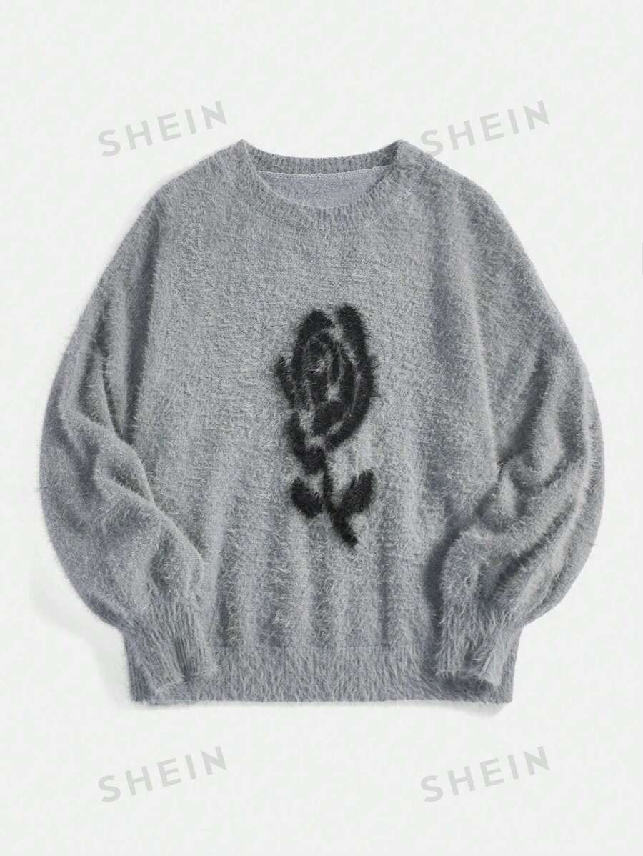 SHEIN MOD Suéter gris de talla grande con estampado de rosas para mujer, atuendo de regreso a la escuela, top para otoño/invierno