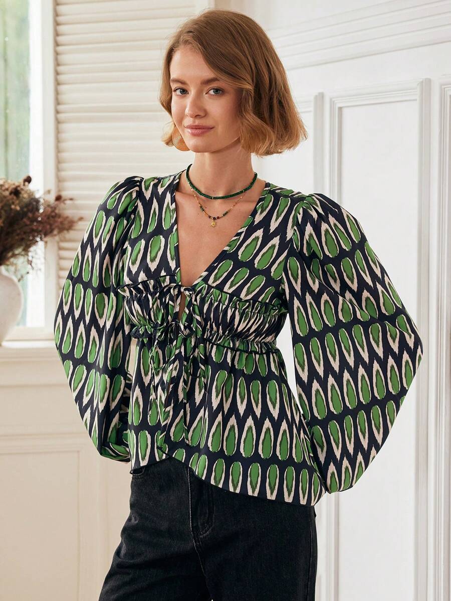 Almamuse Dames V-hals allover print blouse met strik aan de voorkant en lange mouwen