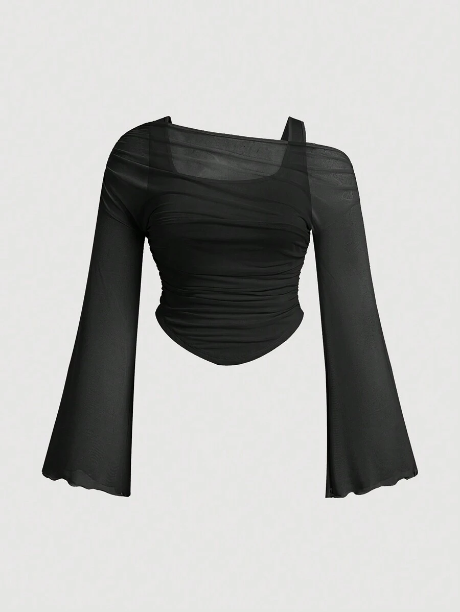 SHEIN MOD فائق الحجم للمرأة تي شيرت شبكي بأكمام طويلة شفاف أسود، قمصان شبكية طويلة الأكمام للسهرات