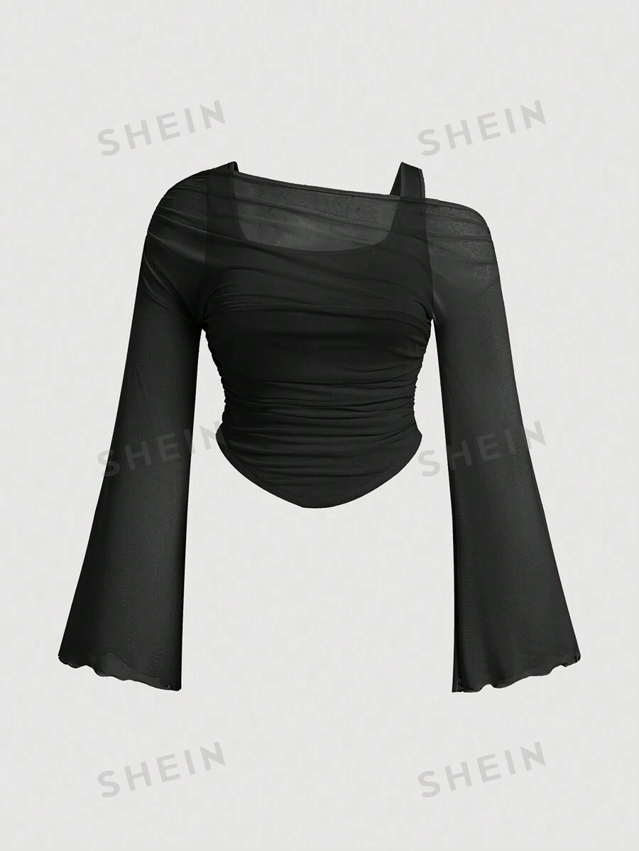 SHEIN MOD Camiseta de manga larga transparente de malla asimétrica para mujer de talla grande, top negro de fiesta de malla transparente