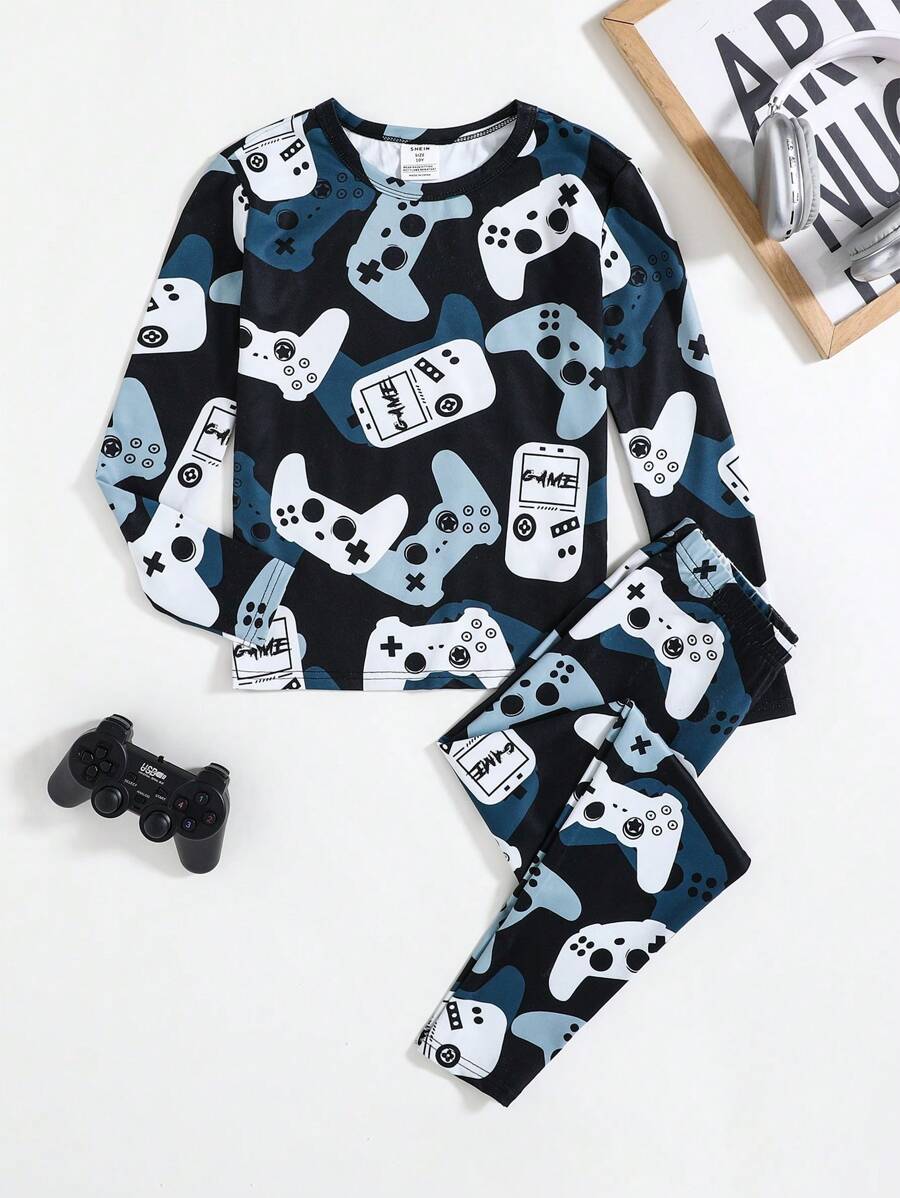 SHEIN 2 stuks Tween Boy Snug Fit Cartoon Game Controller Patroon Ronde Hals Lange Mouw T-shirt en Lange Broek Casual Comfortabele Pyjama Set
