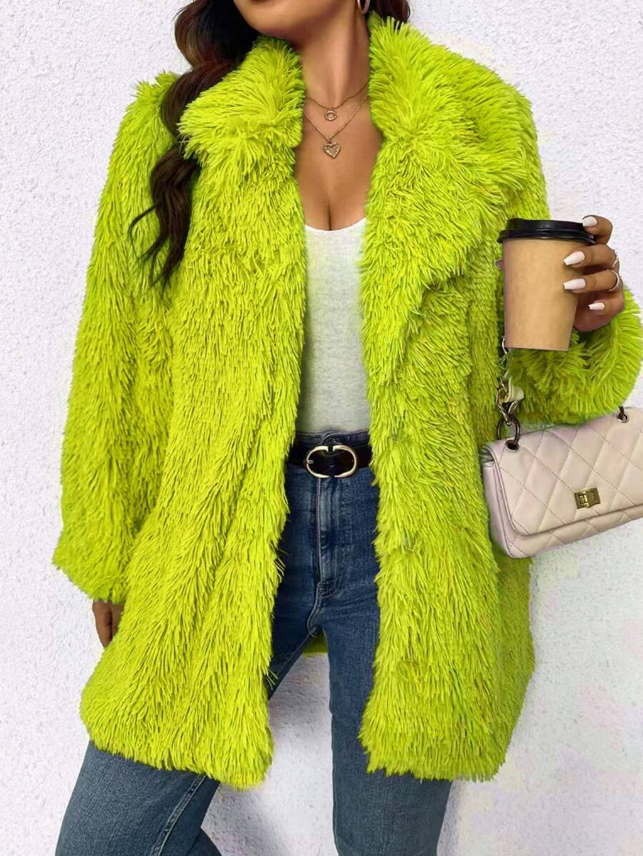 Calvaya Plus Size Effen Kleur Fluffy Kraag Lange Mouw Thermische Jas, Herfst/Winter
