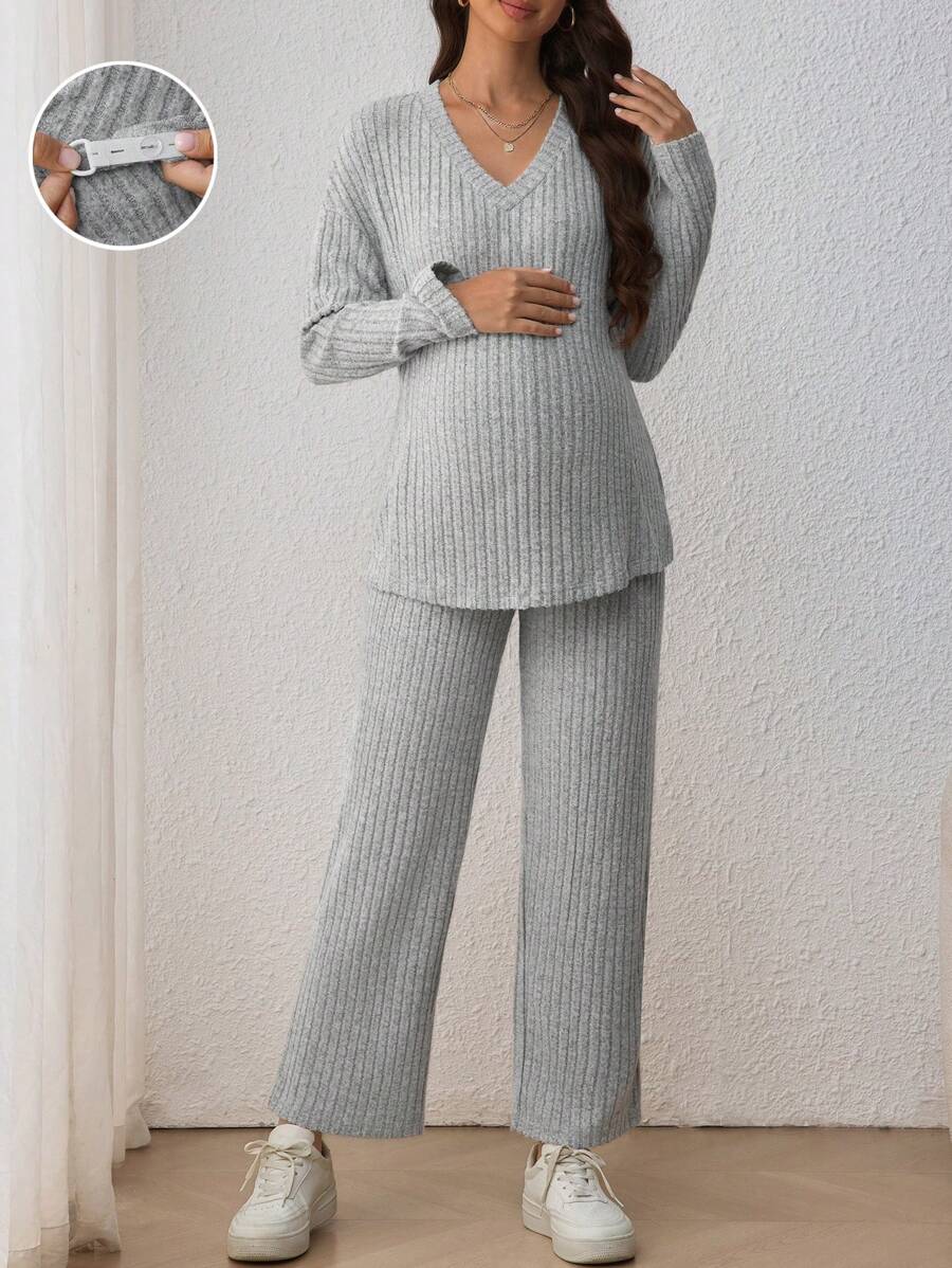 SHEIN Maternity Casual 2pcs Set - V-Neck Long Sleeve T-Shirt & Elastic Waist Straight-Leg Pants, Nursing Outfit