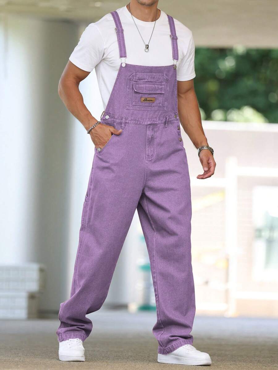 Manfinity Hypemode Men's Casual Diagonal Pocket Denim Bib Overalls, Suitable For Summer, Spring And Autumn