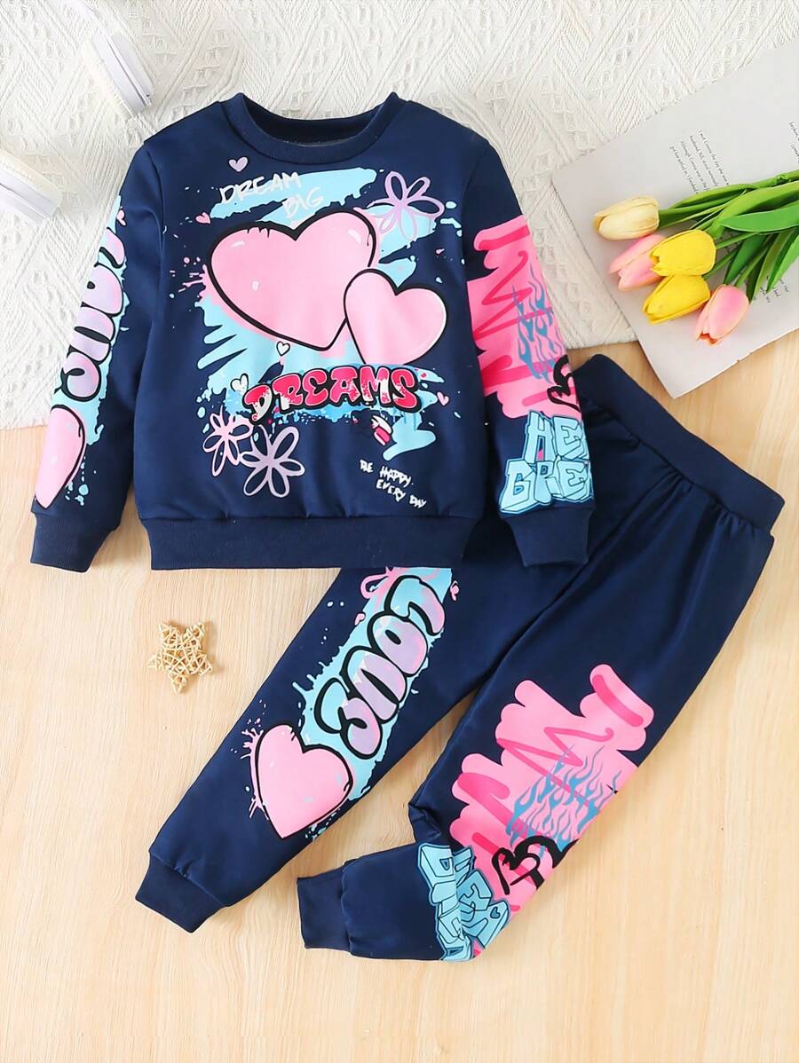 SHEIN 2pcs Young Girl Casual Graffiti Printed Loose Fit Crew Neck Long Sleeve Sports Sweatshirt Set, Suitable For Outdoor Activities & Everyday Wear, Autumn