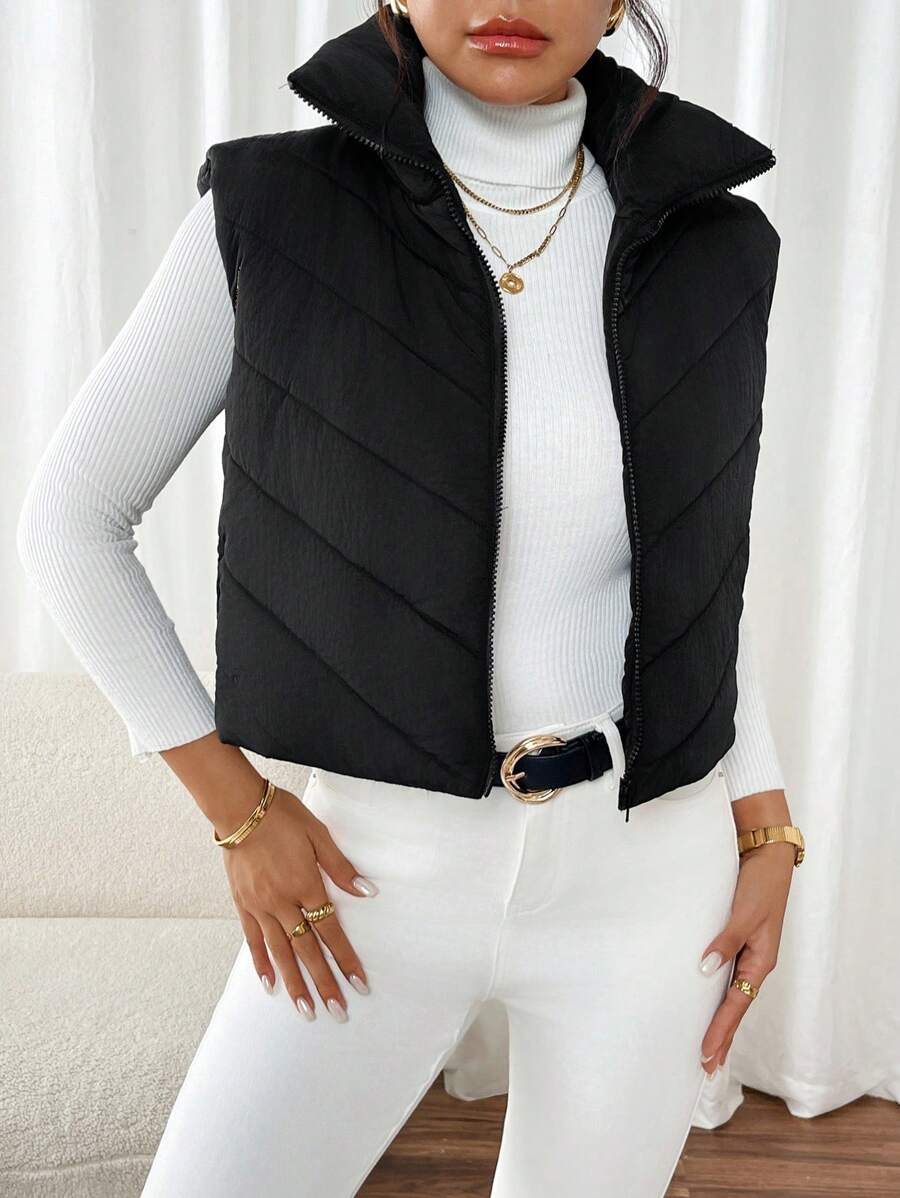 SHEIN Frenchy Vrouwen dons gewatteerde kraag mouwloze jas, winter, vrouwen mouwloze rits casual warme gewatteerde jas, winter vrouwen jas, zwarte jas, winter vrouwen kleding, zwarte jas, retro, elegante vrouwen, festival kleding, zakelijke casual vrouwen,
