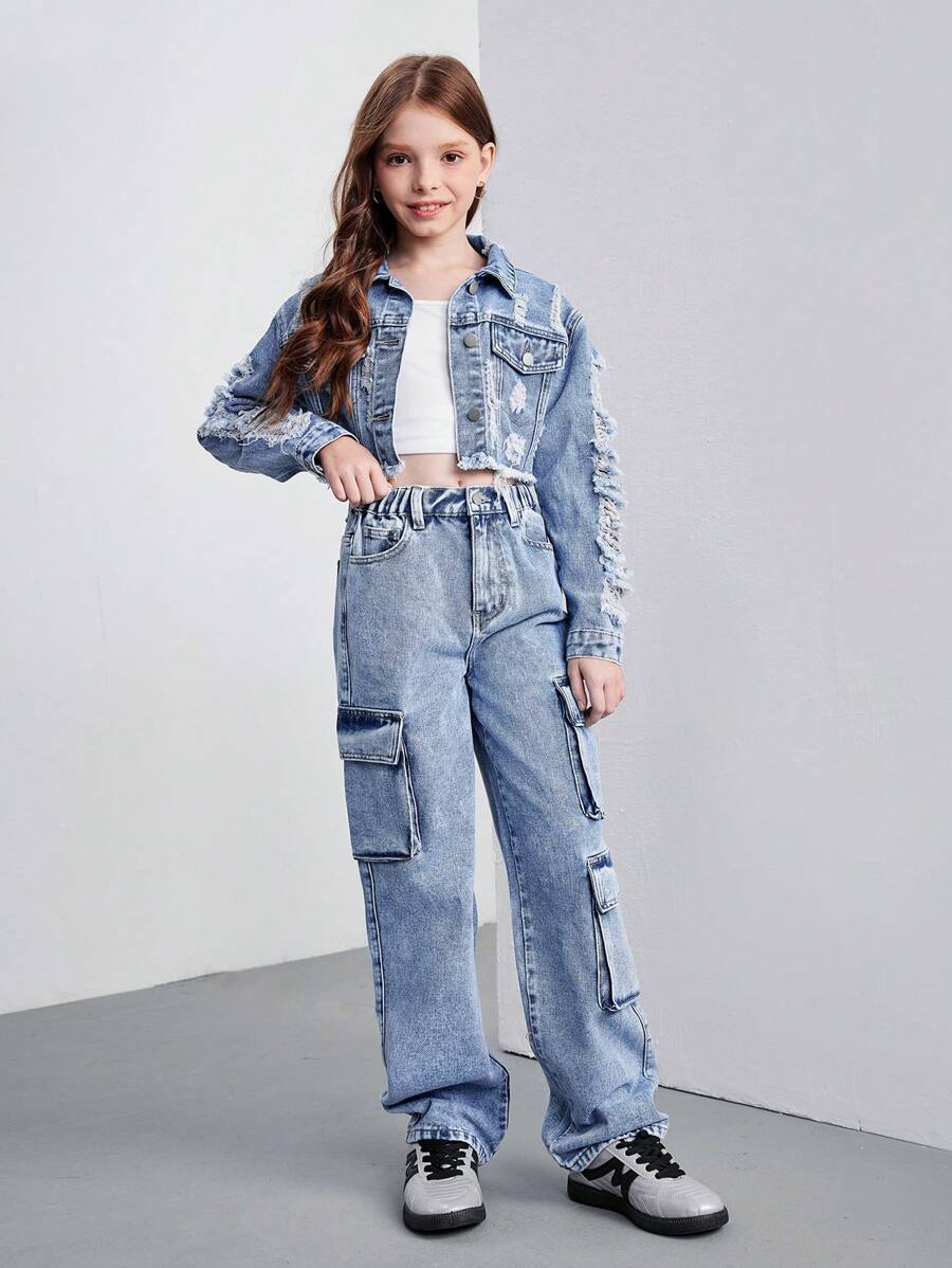 Ensemble veste en jean délavé bleu déchiré + pantalon en jean pour filles