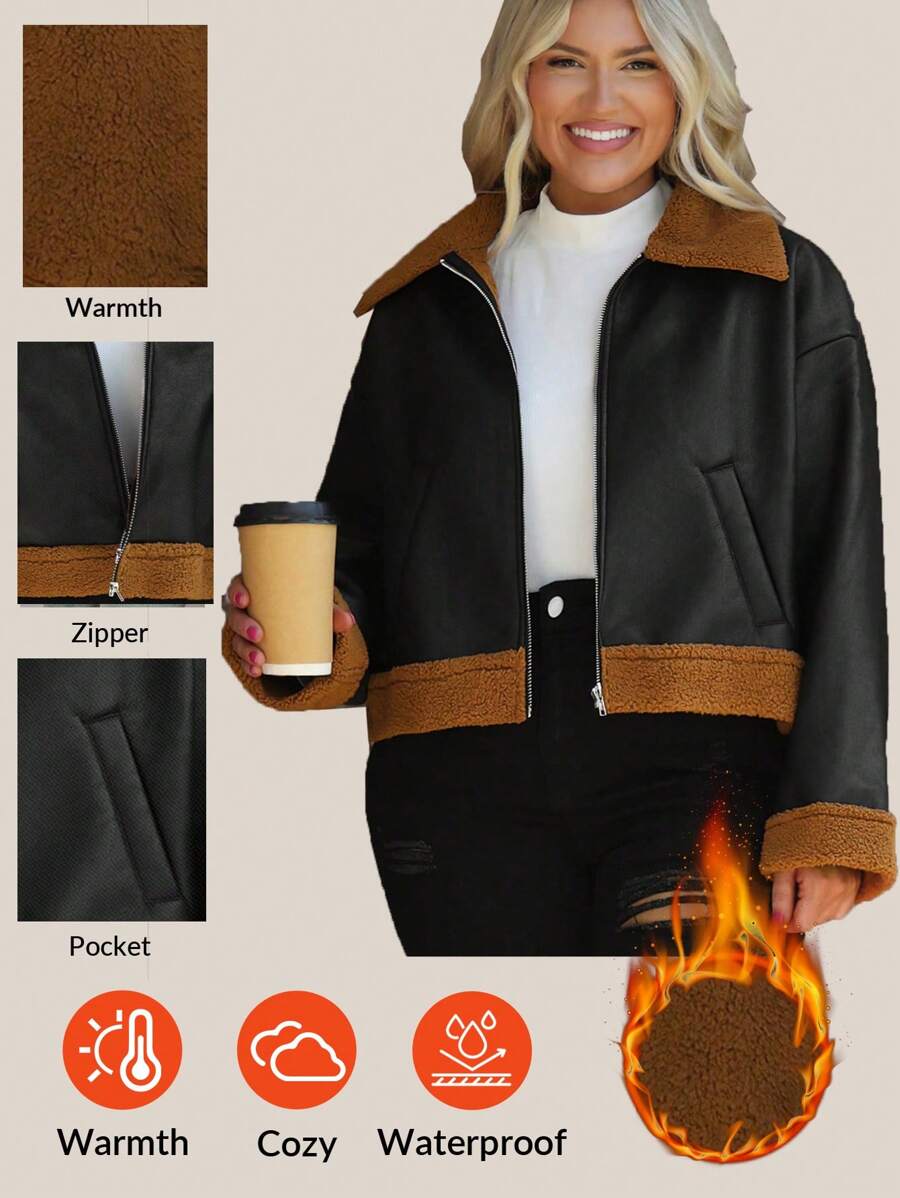 SHEIN LUNE Plus Size Stand Collar Zipper Contrast Color Long Sleeve Casual Fashion Jacket Thanksgiving Outfit/Leather Jacket Plus Size /Hollowed Costumes Holiday Outfit