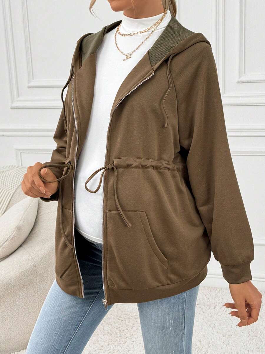 SHEIN Maternity Casual Effen Kleur Trekkoord Taille Capuchon Lange Mouw, Jas Voor De Herfst