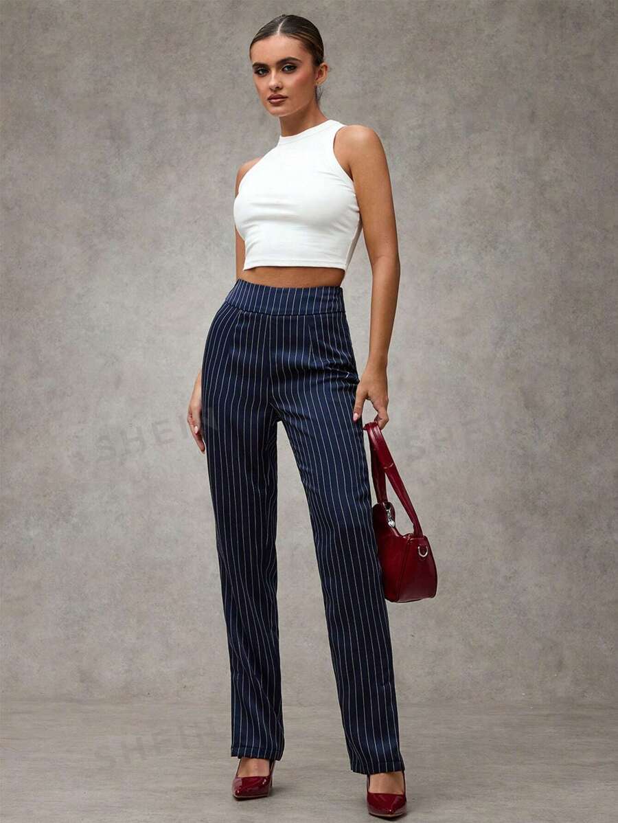 SHEIN BAE Pantalones de tiro alto a la cintura y con estampado de rayas para mujer, de uso informal y práctico
