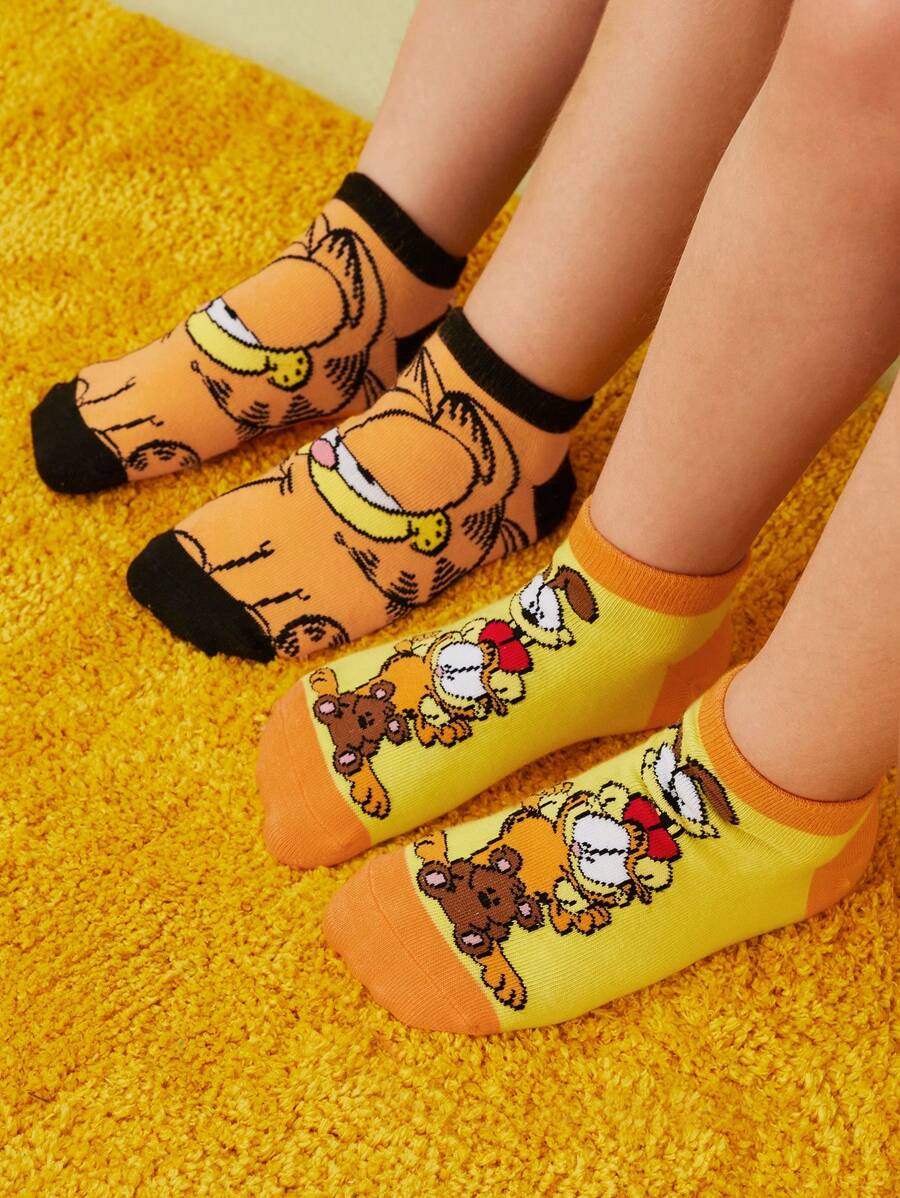 GARFIELD X SHEIN 2 Pairs Cute Colorblock Cartoon Pattern Kids Short Cotton Socks