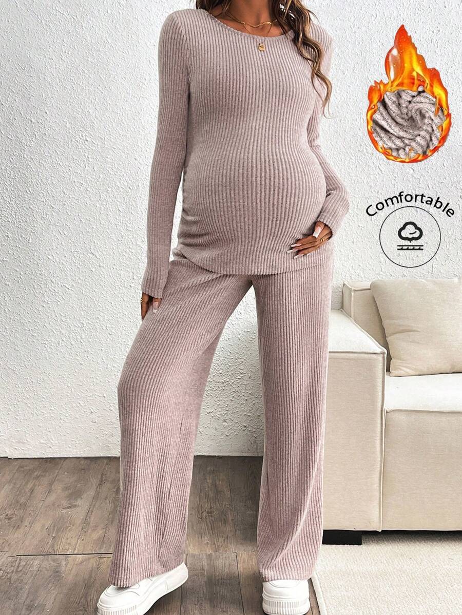 SHEIN Set de 2 piezas de top de manga larga acanalado y pantalón de pierna ancha informales de maternidad, conjunto de pantalones, otoño