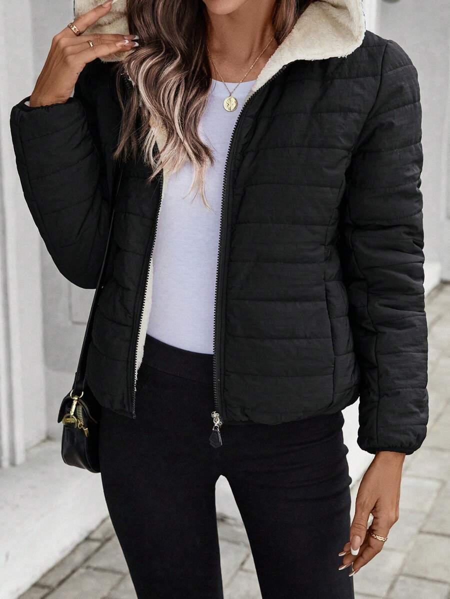 SHEIN LUNE Women's Black Casual Street Style Lightweight Padded Short Jacket, Winter