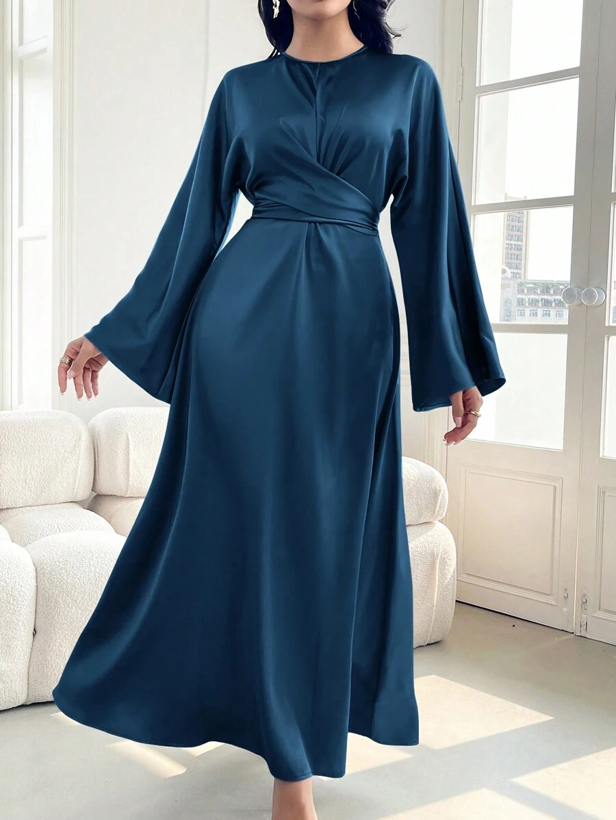 Modelyn Women's Solid Color Satin Finish Elegant Waist Cinched Dress,Elegant Evening Party Dress Long Evening Dresses