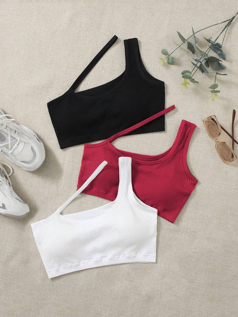 3 Pack/Set Seamless Asymmetric Collar Hollow Out Sports Bra, Solid Color