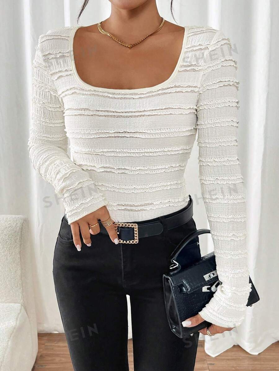 SHEIN Frenchy Top casual de manga larga con decoración de lazo de bloque de color