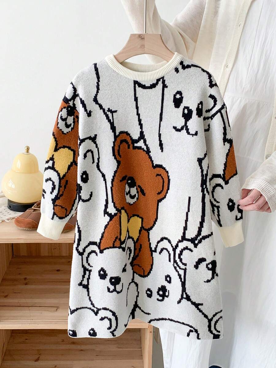 LMoss Kids Vestido de suéter jacquard com estampa fofa para meninas e jovens, adequado para uso casual diário com certo calor, combinando mãe e filha, combinando irmã e eu, roupas, estilo esportivo, ótimo para uso casual e diário e diário escolar no outono e inverno
