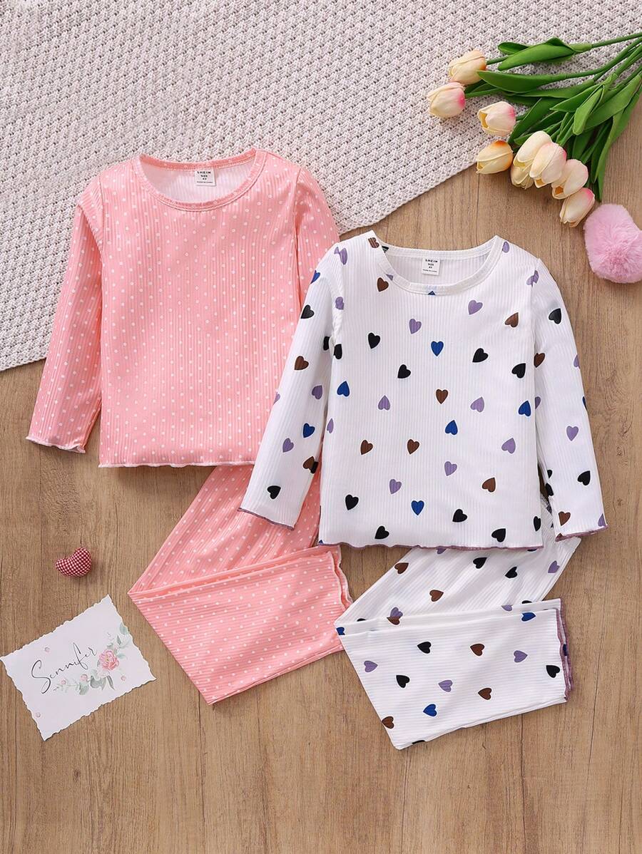 2 sets de 4 piezas cada , blusas de manga larga con estampado de corazones a lunares rosados y blancos, y pantalones largos - Pijamas cómodos y casuales para niñas jóvenes