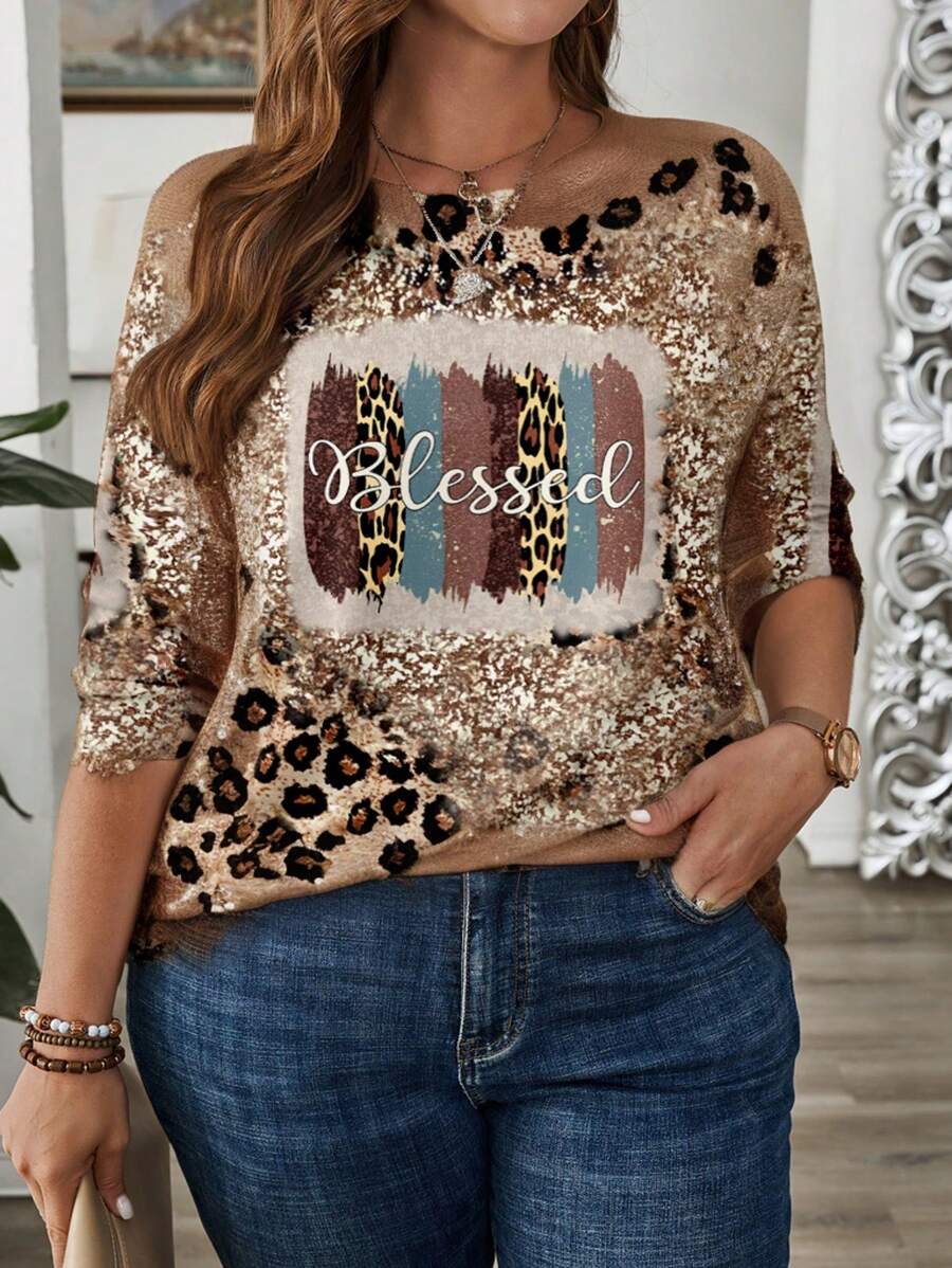SHEIN LUNE Plus Size Minimalistyczny T-shirt z długim rękawem i nadrukiem Allover, swobodny na wiosnę i jesień
