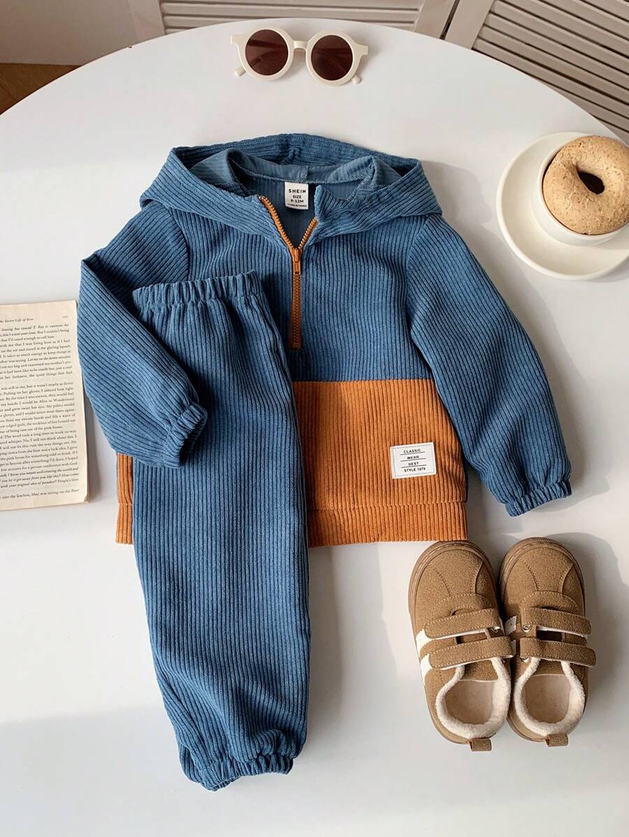 SHEIN Set de 2 piezas Chaqueta con capucha de media cremallera y hombros caídos + Pantalones de cintura elástica para niño/niña bebé, casual para uso cotidiano, adecuado para el otoño/invierno