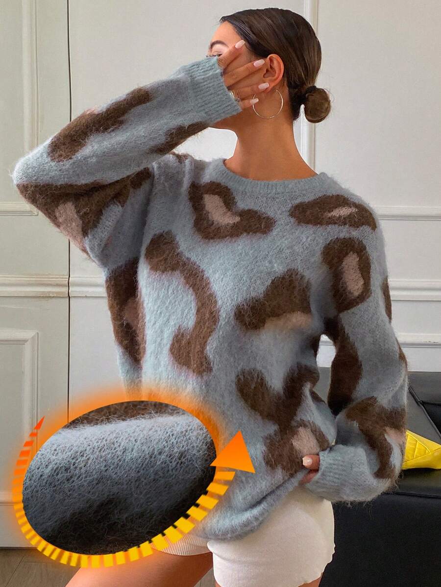 DAZY Relaxed Oversized Leopard Print Knit Sweater For Women