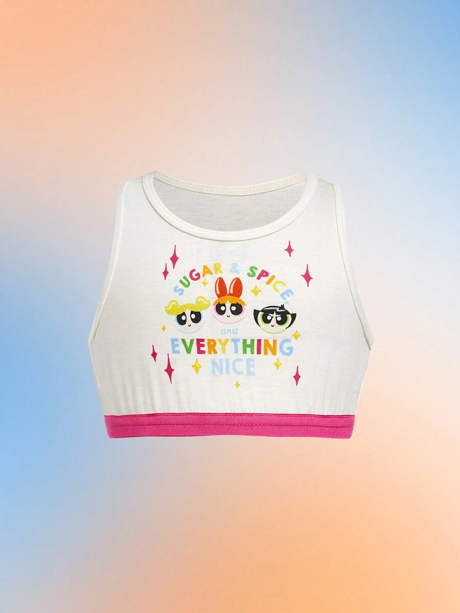 THE POWERPUFF GIRLS X SHEIN 1 pieza Ropa interior de niña joven con tanque estampado de bloque de color lindo y de dibujos animados