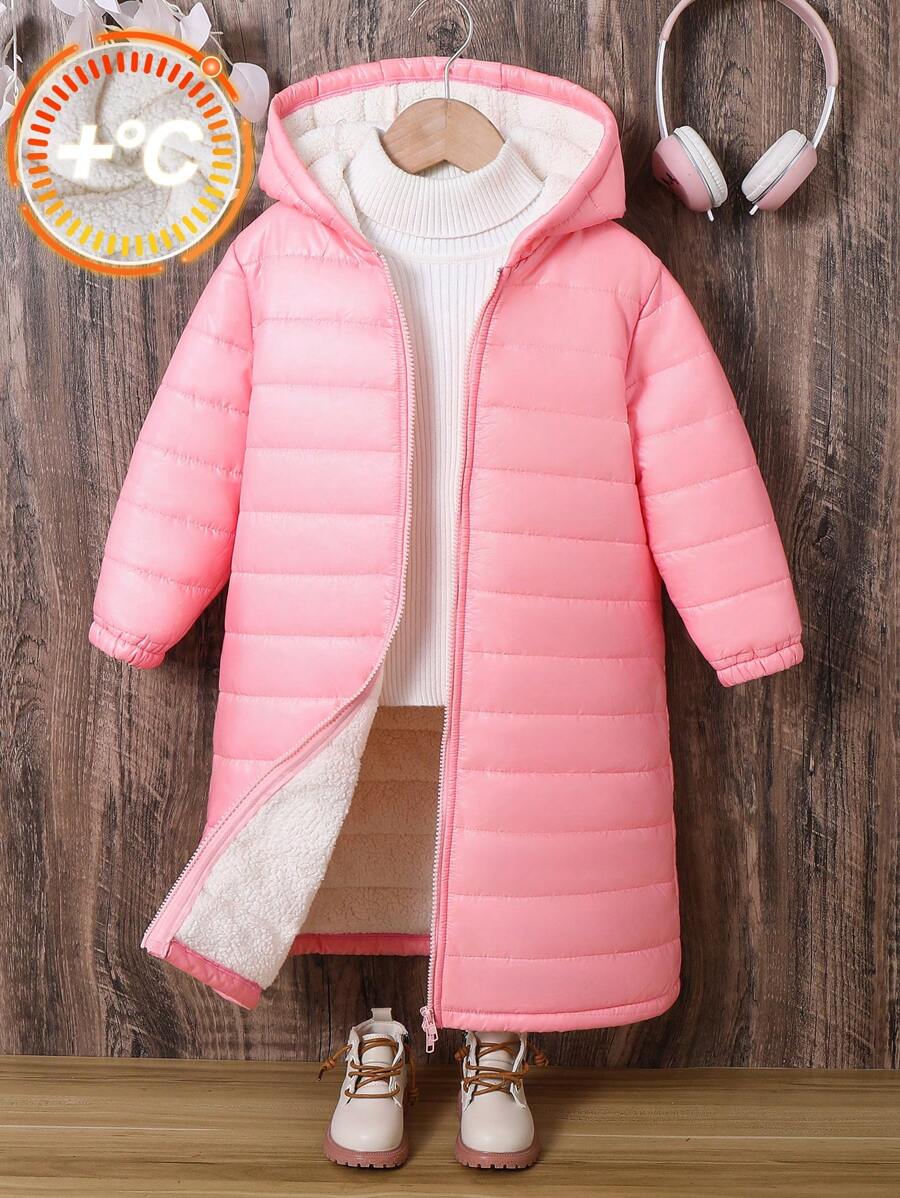 SHEIN Jaqueta longa com capuz, cor sólida, solta, casual, quente, forrada, para meninas