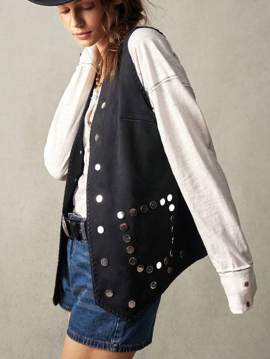 Bohemela 1pc Women Solid Woven Loose Rivet Decor Vest, Suitable For Holiday