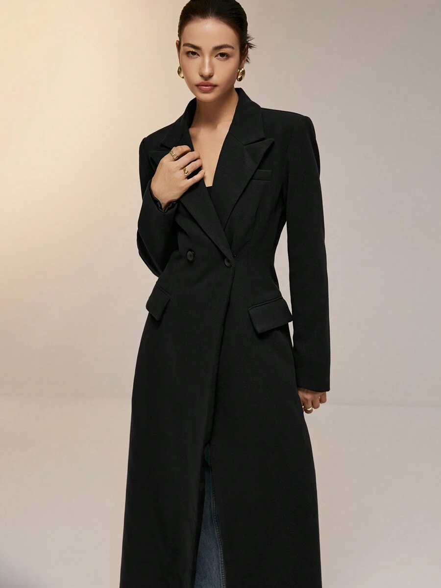 Poéselle Women's Solid Color Lapel Neck Double Button Long Elegant Jacket, Regular Fit, For Autumn
