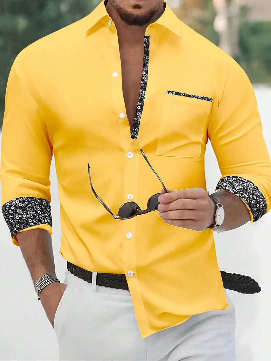 Manfinity Mode Men's Casual Colorful Ditsy Floral Button-Up Long Sleeve Shirt, Autumn, Man Yellow Shirt, Men Casual Long Sleeve Shirts