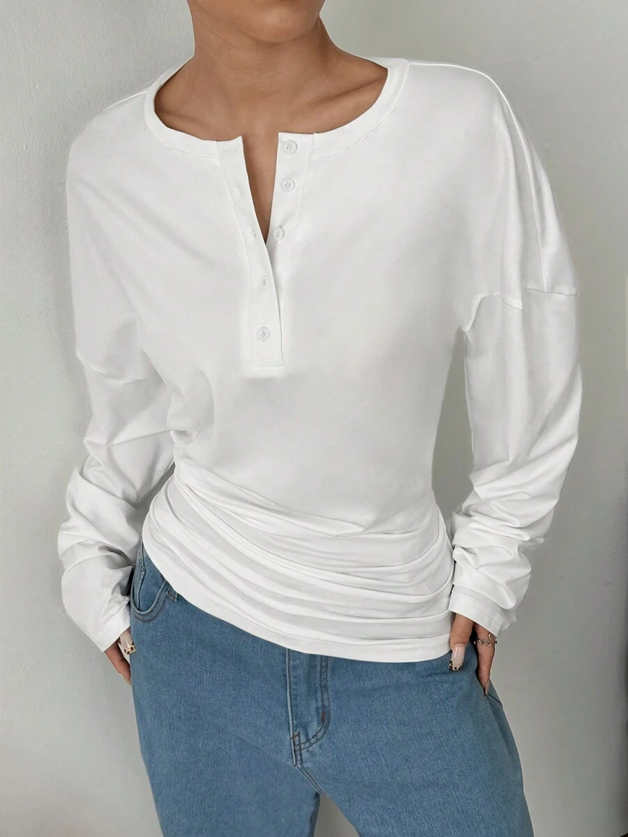 Flirla Casual Minimalist White Half-Zip Hem T-Shirt