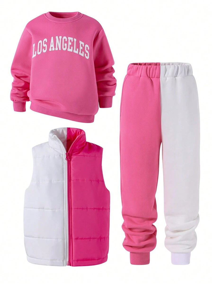 Conjunto de 3 peças de moletom esportivo casual com capuz, colete e calça de corrida para meninas adolescentes rosa e branco