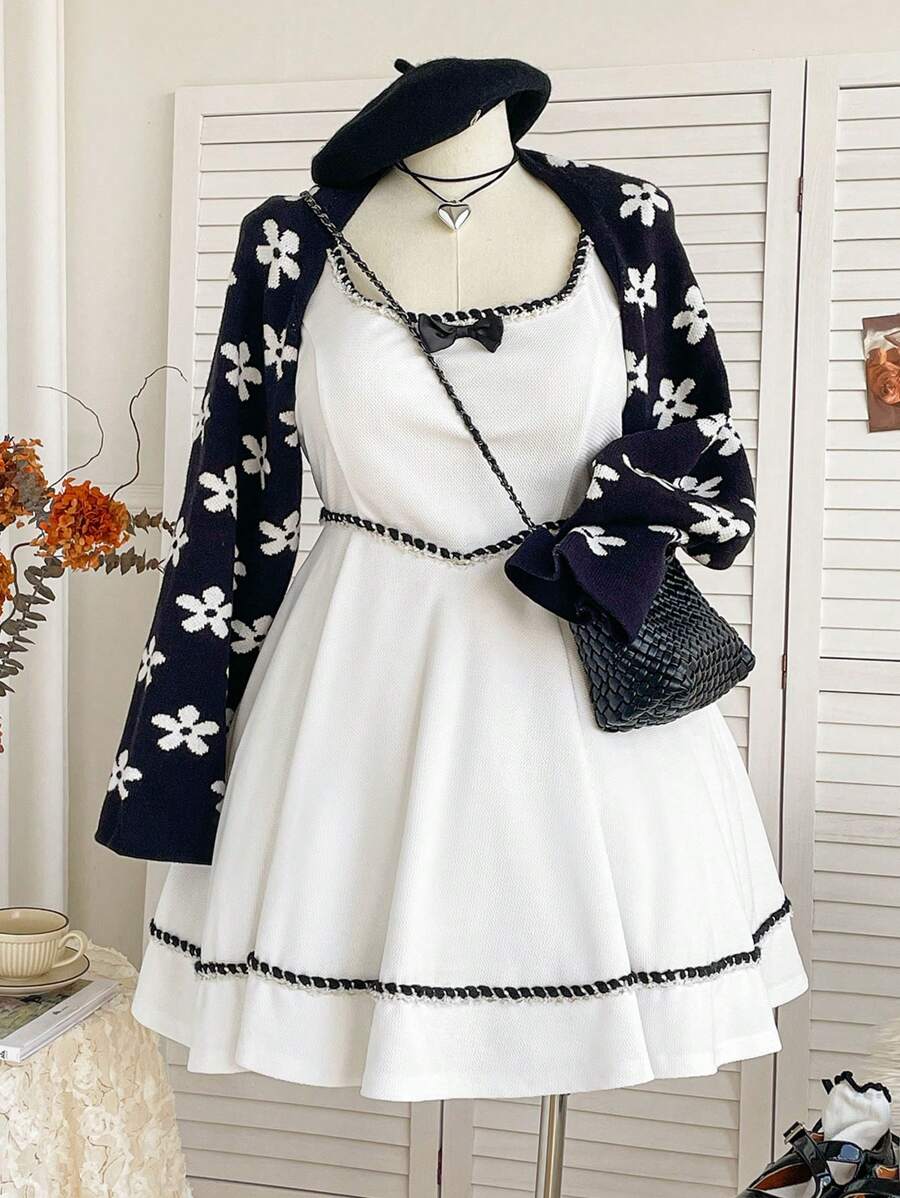 Soleia Plus Size Women's Vacation Floral Lace Trim A-Line Short Dress, Back To School