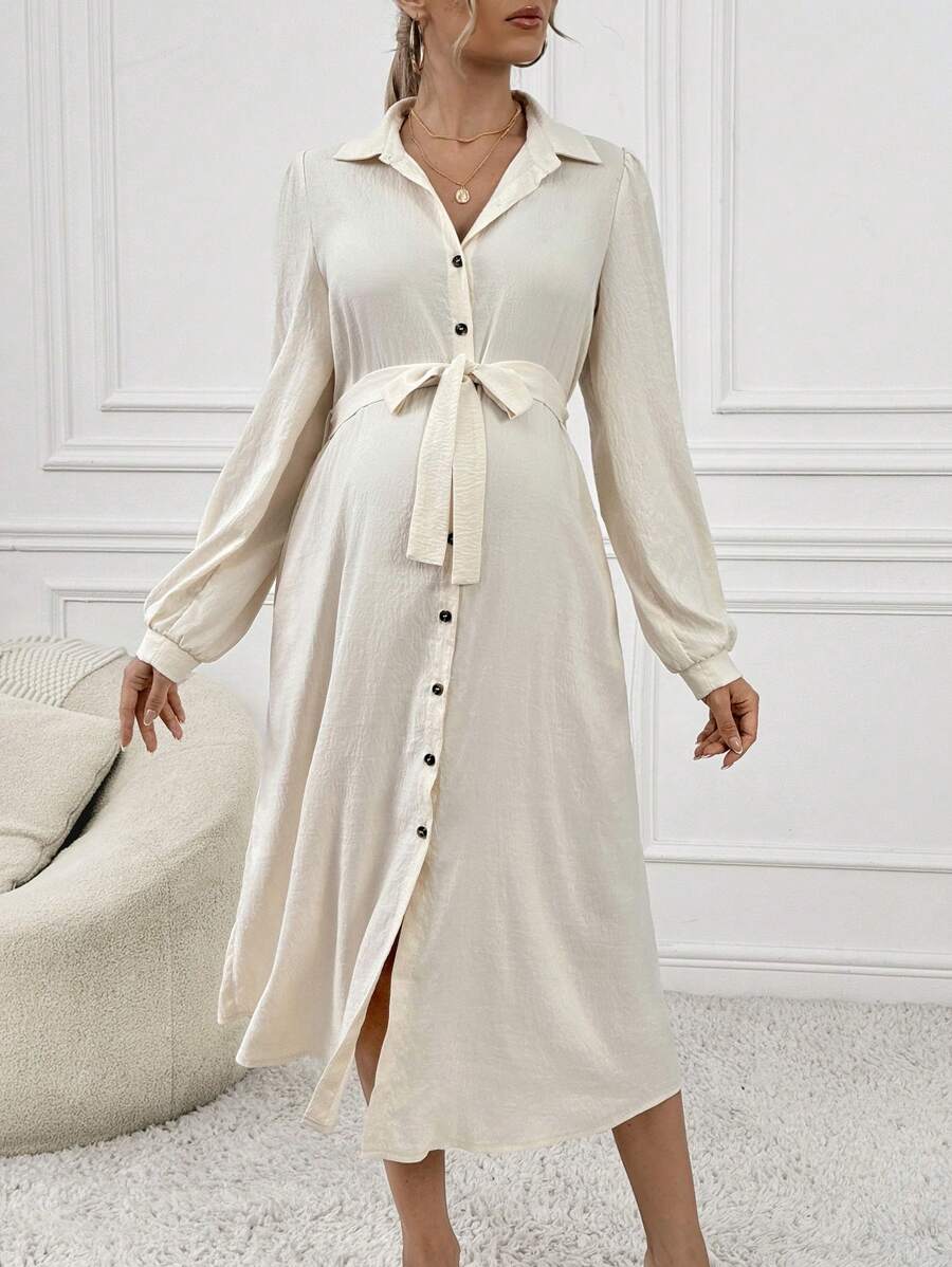 SHEIN Vestido camisa informal de manga larga y abotonado sencillo para embarazada, unicolor, otoño