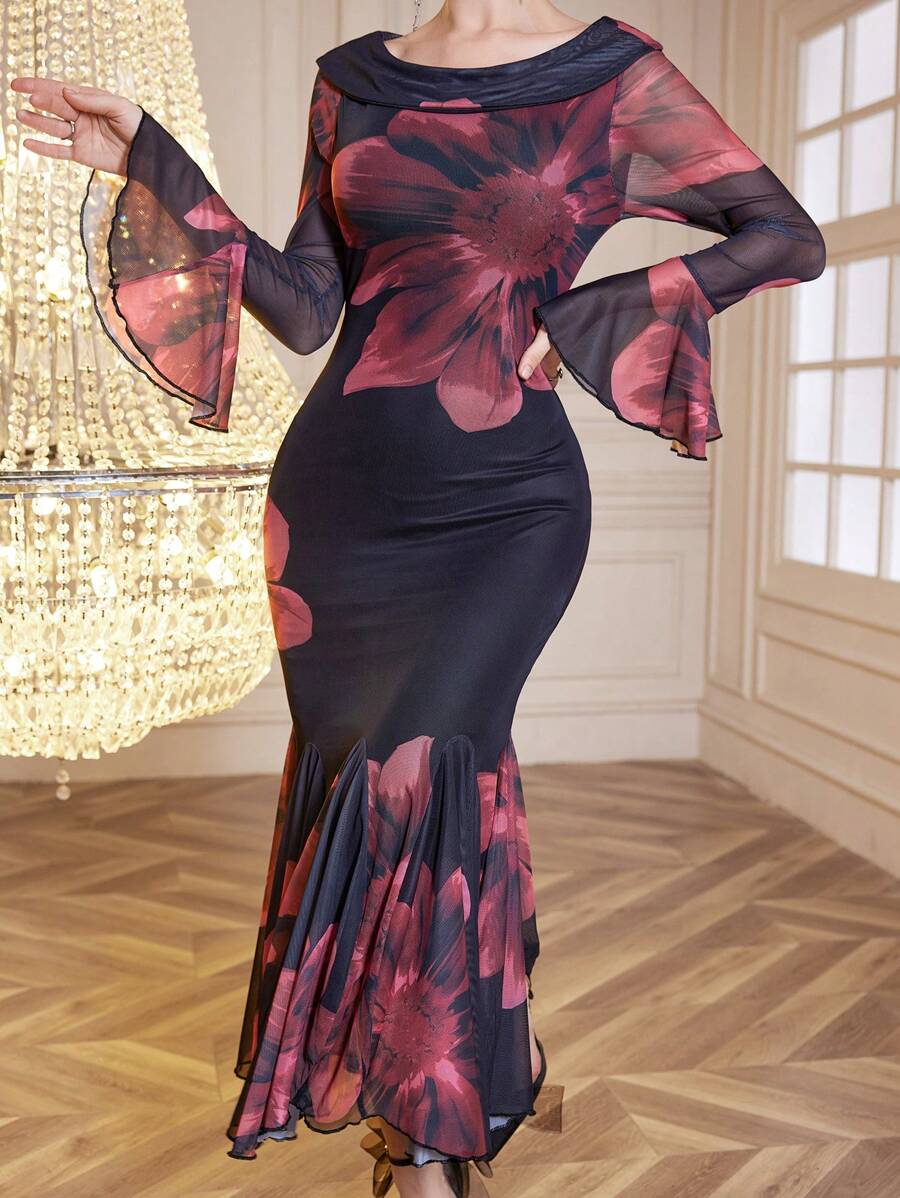 Modelyn Vestido largo de malla con estilo flamenco, vestidos de noche largos