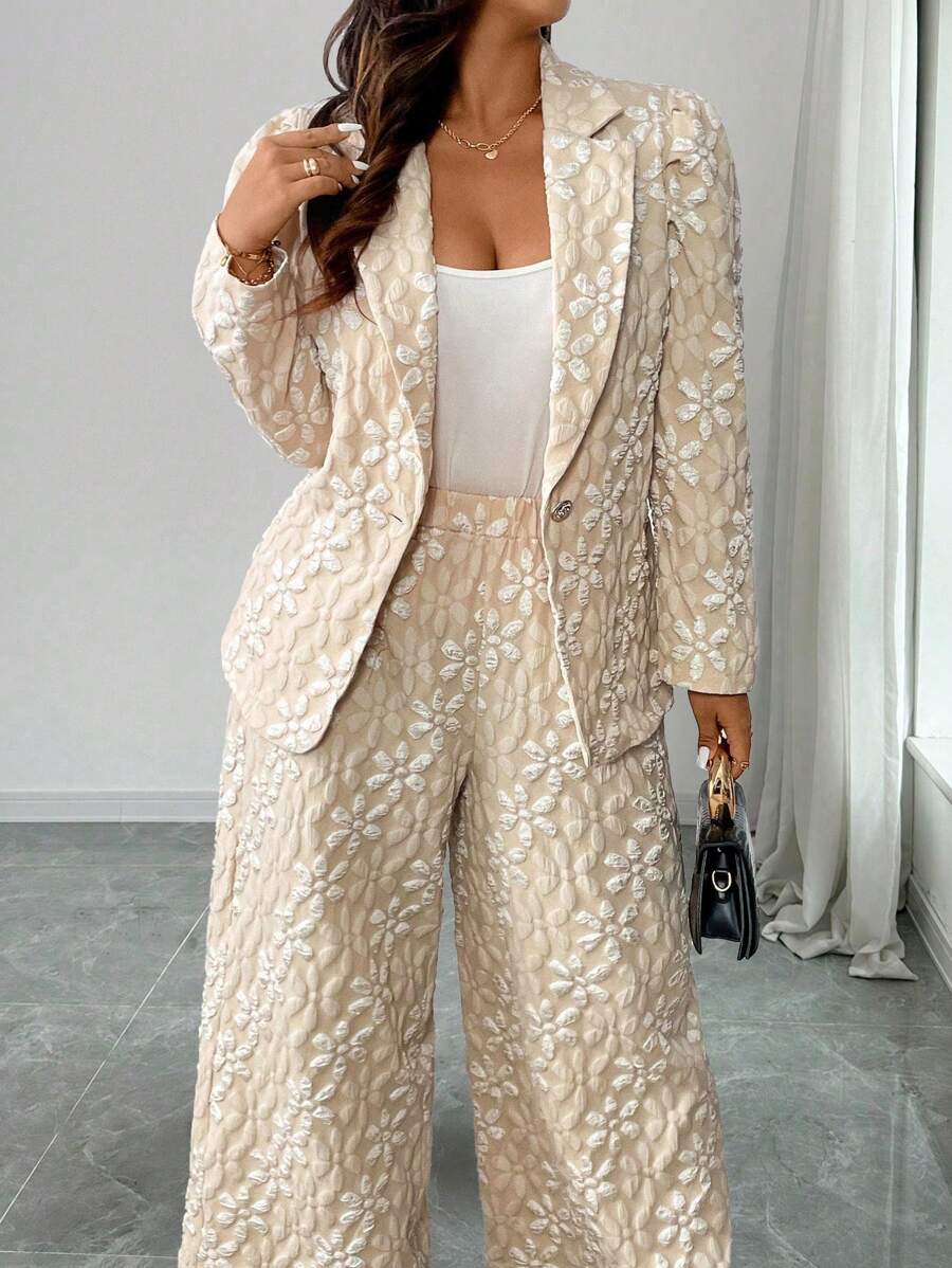 Franclia 2pcs Plus Size Women Floral Jacquard Lapel Long Sleeve Jacket And Wide Leg Pants Casual Set For Autumn