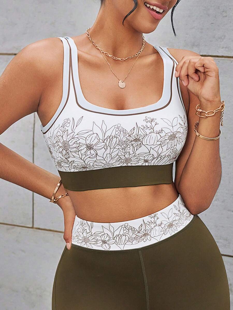 SHEIN Sport Studio Women Solid Color Patchwork Floral Print Sports Bra, Casual Daily Wear
