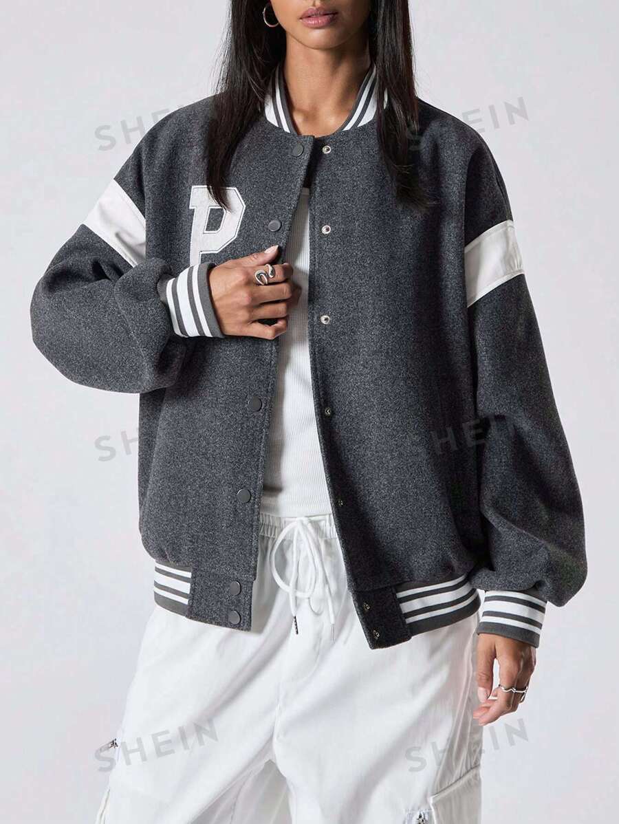LYSMO Chaqueta de béisbol casual con bloqueo de color y parche de letra para otoño/invierno