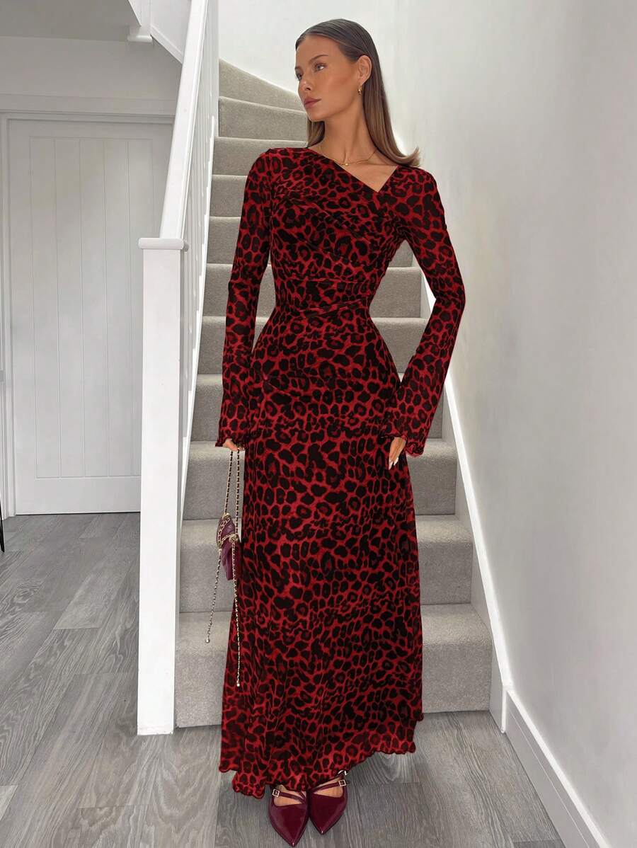 SHEIN Essnce Dress For Party Women's Asymmetric Neckline Floral Flocked Mesh Elegant Dress