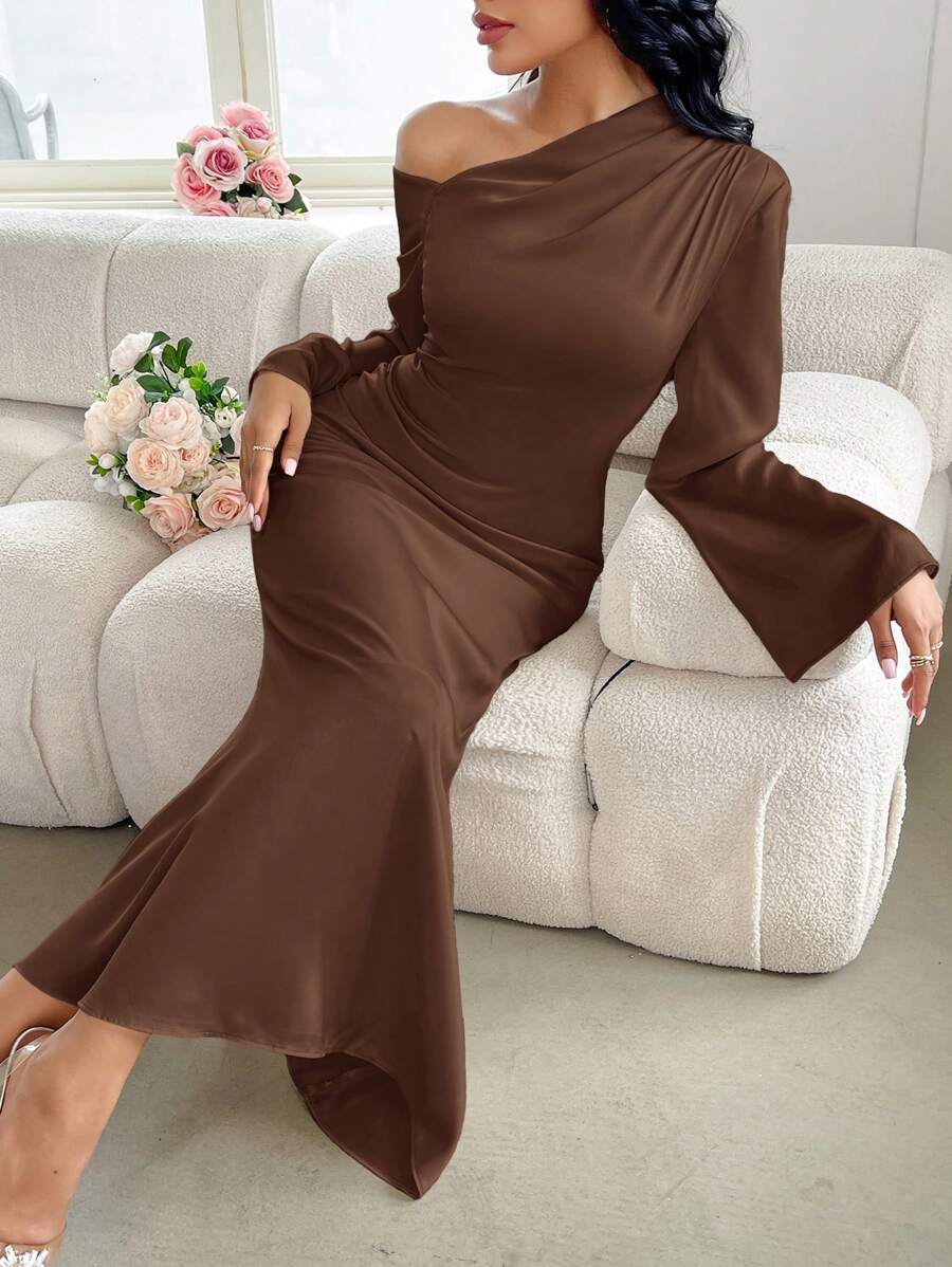 Modelyn Women's Solid Color Off Shoulder Loose Long Sleeve Bodycon Dress, With Ruffles, Wedding/Occasion Dress Long Evening Dresses