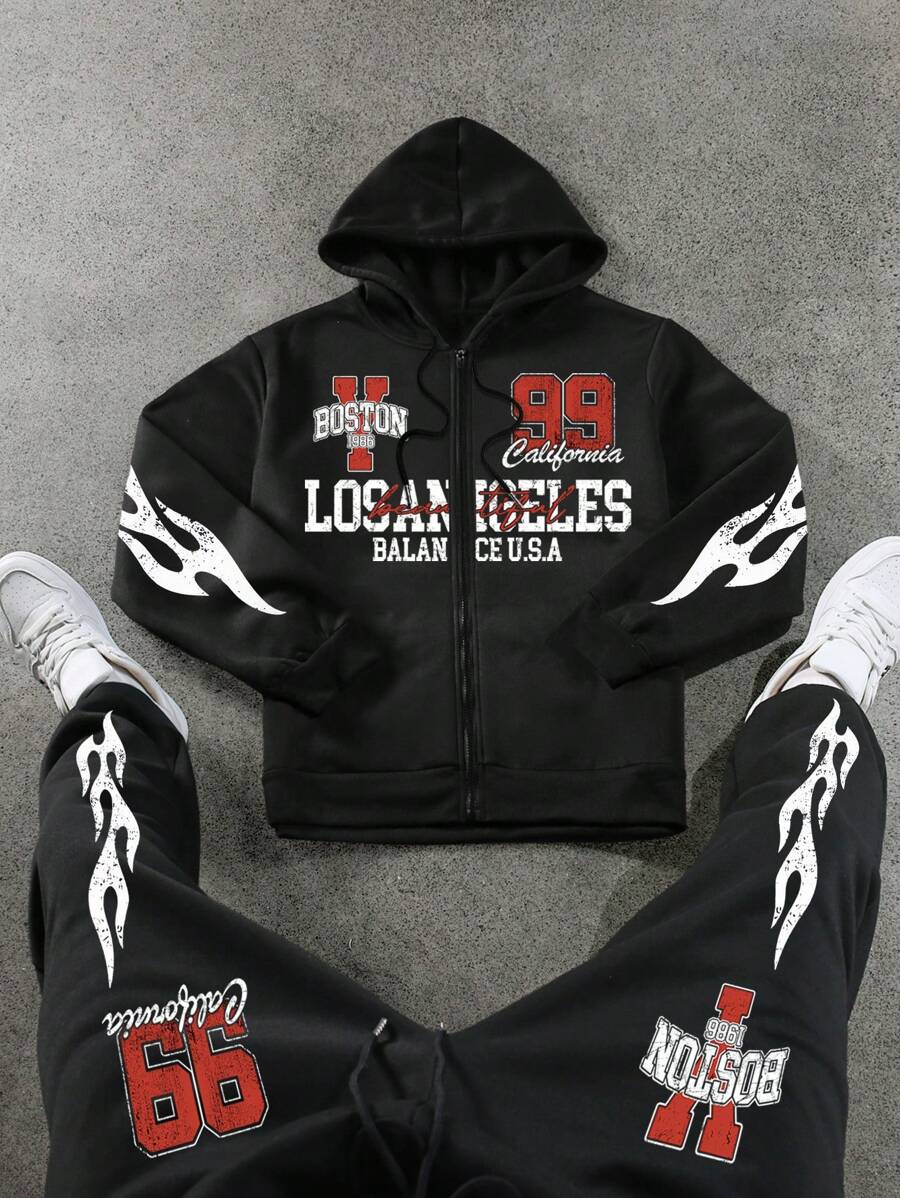 Manfinity EMRG Men's Casual Letter Print Hoodie And Sweatpants 2 Pieces Tracksuit Set