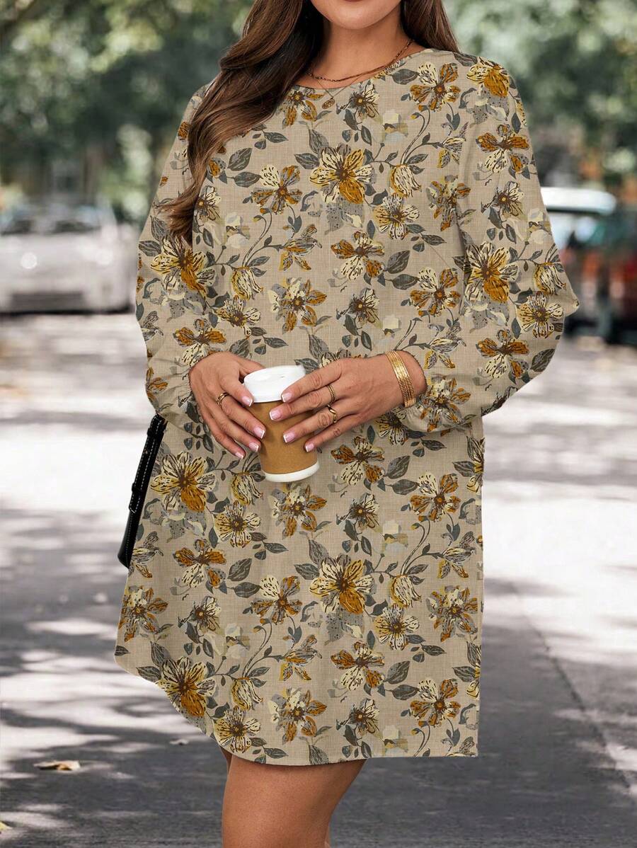 SHEIN LUNE Robe mi-longue à manches lanternes pour femmes grande taille, style casual d'automne. Vêtements convenant à l'automne/hiver
