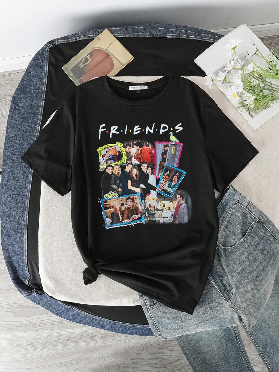 FRIENDS X SHEIN Casual Loose Round Neck Short Sleeve Women's T-Shirt, Suitable For Summer,Graphic Tee