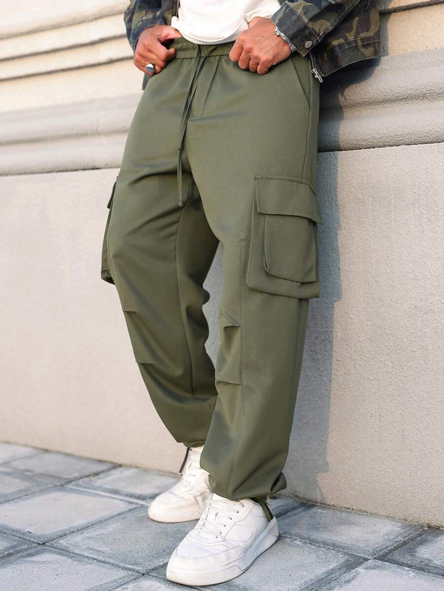 Manfinity Streetrush Casual Straight Leg Multi-Pocket Loose Pants, Street Fashion Trousers, Cargo Pants, Boyfriend Gifts