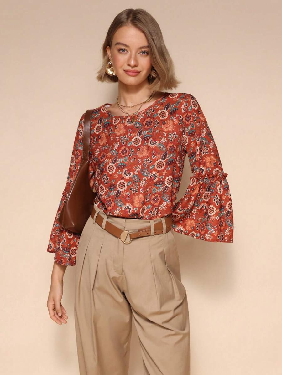 Almamuse Women's Elegant Floral Print Round Neck Long Sleeve Blouse