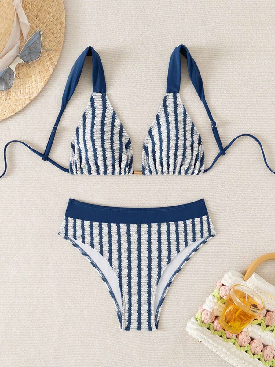 Women Textured Striped Fabric Thick Strap Sexy Bikini Set Summer