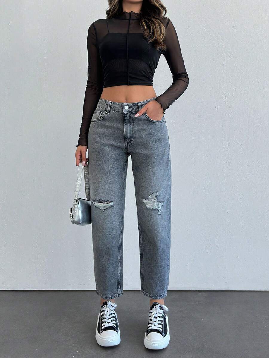 SHEIN MID-TAILLE GESCHEURDE MOM FIT GRIJZE JEANS