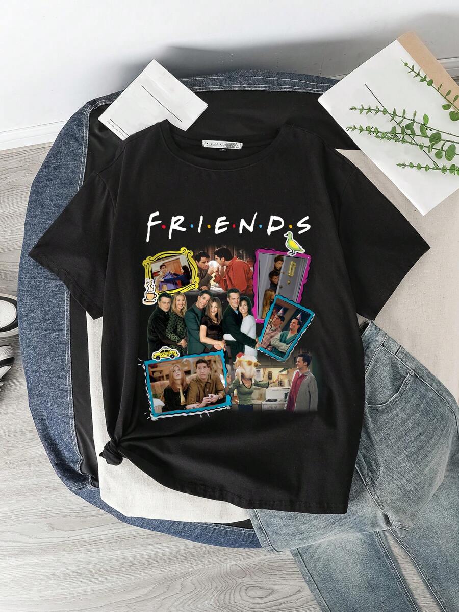 FRIENDS X SHEIN Plus Size Casual Figurine And Letter Print Short Sleeve T-Shirt, Summer,Graphic Tee