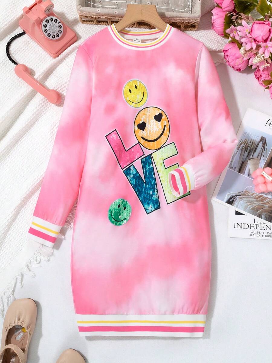 Vestido de manga larga con cuello redondo, estampado minimalista de teñido anudado y cara sonriente de amor para niña preadolescente