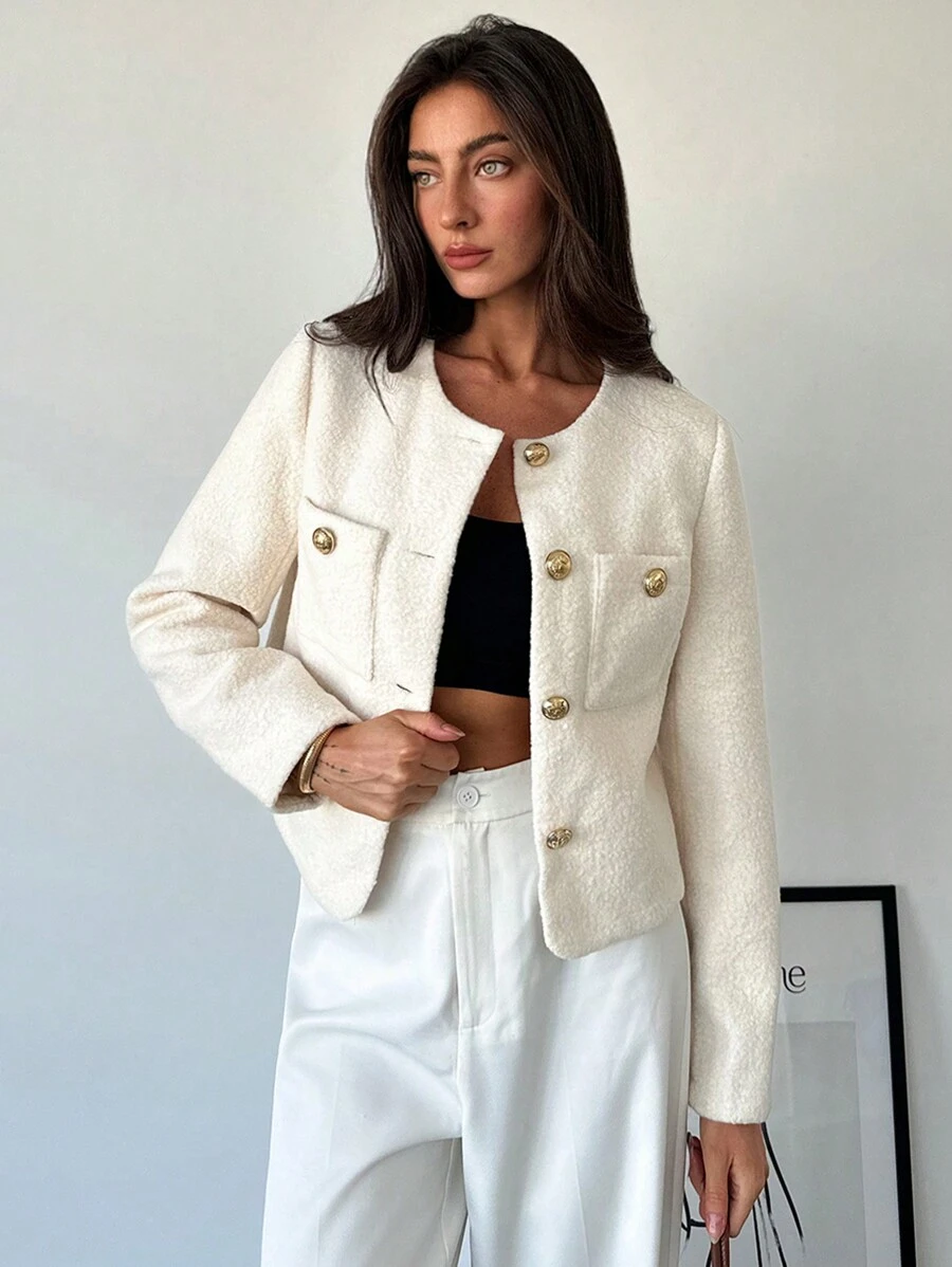 Aloruh Chaqueta elegante y vintage con botones de metal cortos, decorativa, a prueba de viento, forrada y cálida, cómoda y de gran calidad
